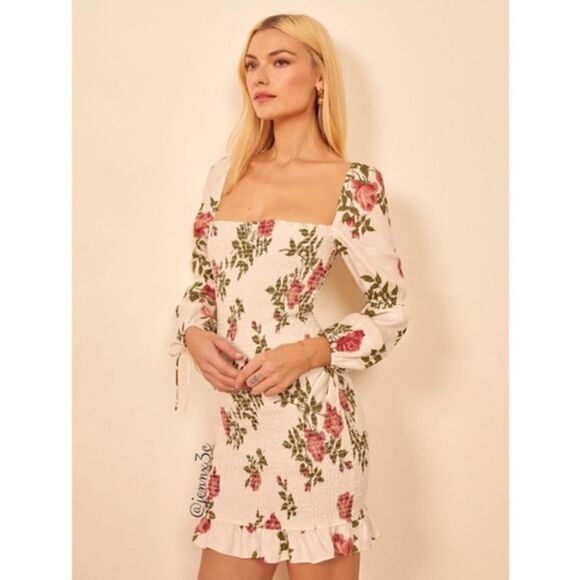 Reformation Linen Dress Hilary Floral Smocked Puff Sleeve Large - Picture 3 of 13